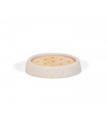 Circular soap dish perforated in ash wood and external part in sandstone. Size: Ø10,5 x 2 cm.andreahouse