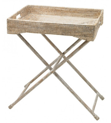 Rectangular tray in bleached rattan on stand