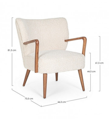 Armchair with armrests in wood and white boucle