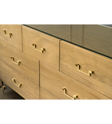 Chest of drawers in natural wood and gold handles