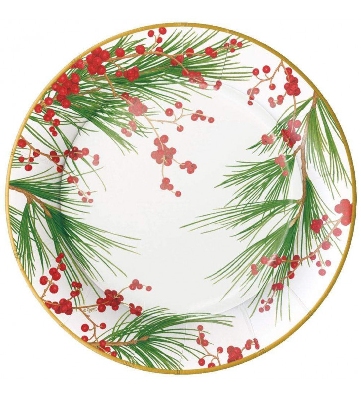 Round paper plate Christmas pine leaves 8pcs - Caspari - Nardini Forniture