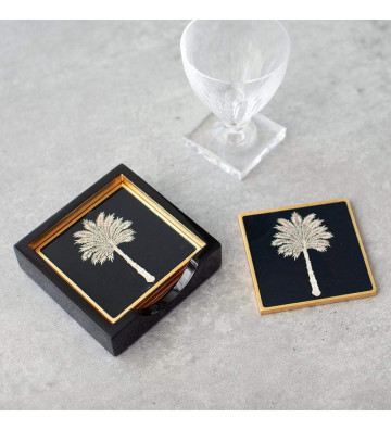 Set of 4 Grand Palms gold and black coasters with stand - Caspari - Nardini Forniture