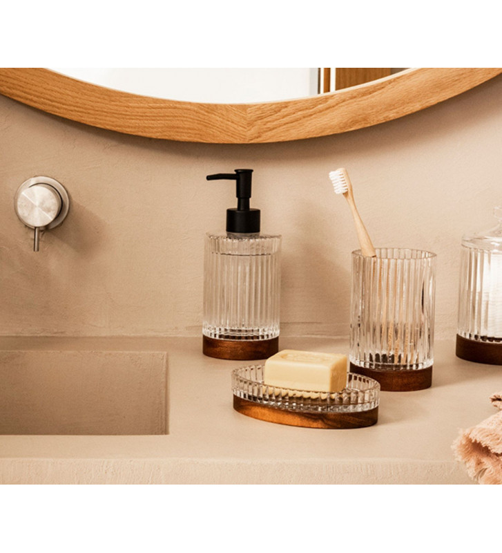 Dispenser sapone liquido in vetro zigrinato e legno - andrea house
