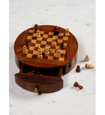 Gioco di scacchi in scatola di legno rotonda 18cm - chehoma - nardini forniture