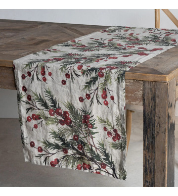 Linen table runner with Christmas berries 50x160cm