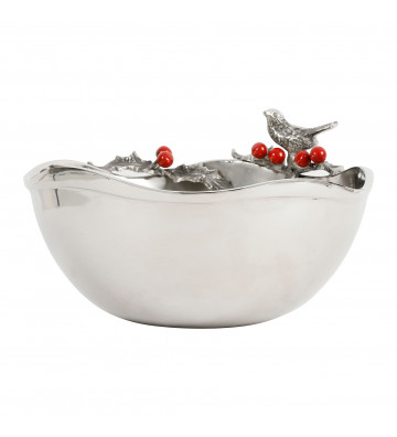 Silver salad bowl with birds and red berries - cote table - nardini supplies