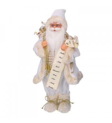 Gold and white Santa Claus with list and presents H18cm