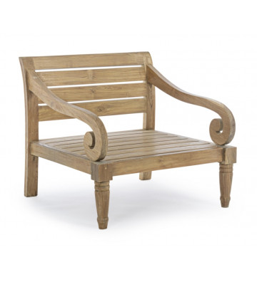 Outdoor teak armchair Karuba Bizzotto with grey cushions.