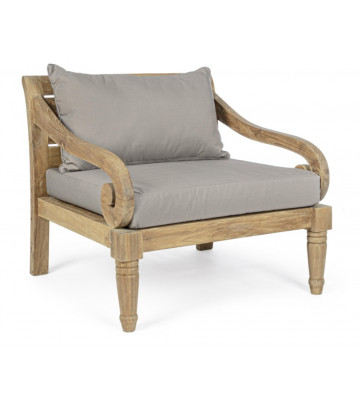 Outdoor teak armchair Karuba Bizzotto with grey cushions.