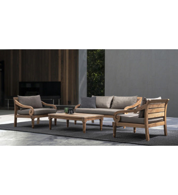 Outdoor teak armchair Karuba Bizzotto with grey cushions.