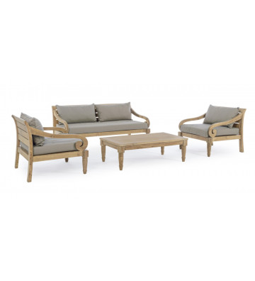 Outdoor teak armchair Karuba Bizzotto with grey cushions.