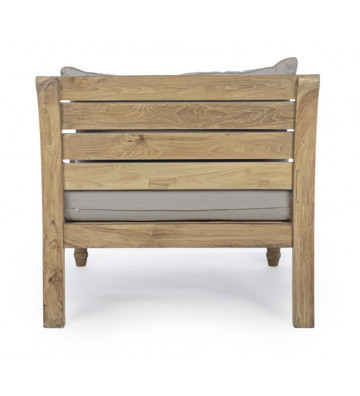 Outdoor teak armchair Karuba Bizzotto with grey cushions.