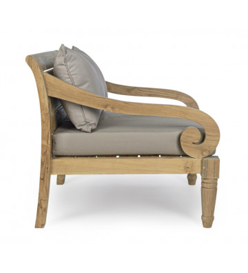 Outdoor teak armchair Karuba Bizzotto with grey cushions.