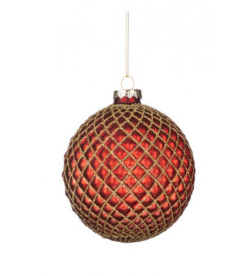 Pallina di natale in vetro tonda rossa con fantasia glitter oro 10 cm - Goodwill - Nardini Forniture