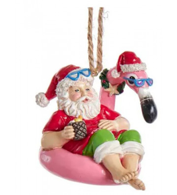 Pallina di natale babbo natale da spiaggia su fenicottero 7 cm