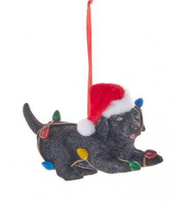 Pallina di natale cucciolo labrador nero con cappello rosso 15 cm