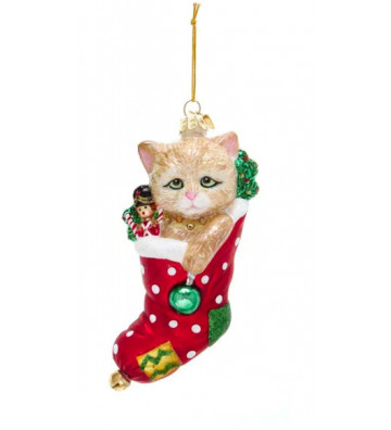 Pallina di natale in vetro gatto marrone chiaro e calza H 13 cm