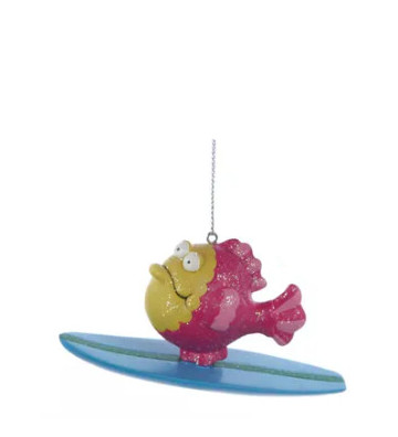 Pallina di natale pesce rosa con tavola da surf H 9 cm