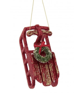 Pallina di Natale Slittino rosso con glitter oro 10cm - nardini forniture