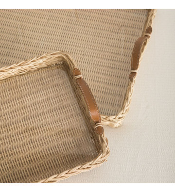 Vassoio rettangolare in rattan con manici in pelle 55x45cm - nardini forniture