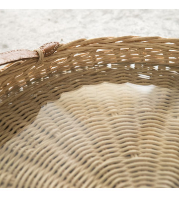 Round rattan tray with leather handles and tempered glass 45cm - nardini supplies