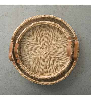 Round rattan tray with leather handles and tempered glass 45cm - nardini supplies