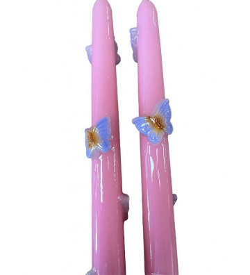 Set 2 candele lunghe rosa con applicazione fiori 25cm - nardini forniture