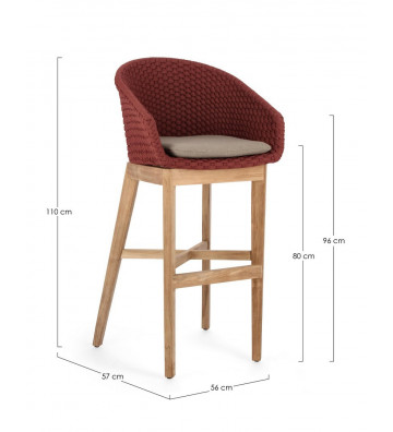 Outdoor stool in teak with brick red braid - Lace - Nardini Forniture