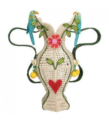 Vaso handmade in rattan e rafia con fiori e uccellini - nardini forniture