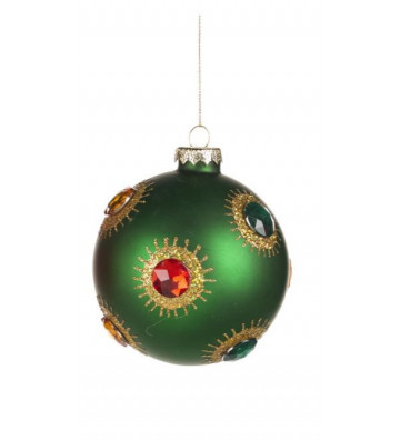 Pallina di Natale tonda in vetro verde opaco con pietre 10 cm - Goodwill - Nardini Forniture