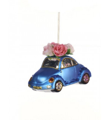 Pallina di Natale in vetro blu e tessuto con auto e fiori 11 cm - Goodwill - Nardini Forniture