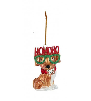 Pallina di Natale in vetro cane con occhiali hohoho 10 cm - Nardini Forniture