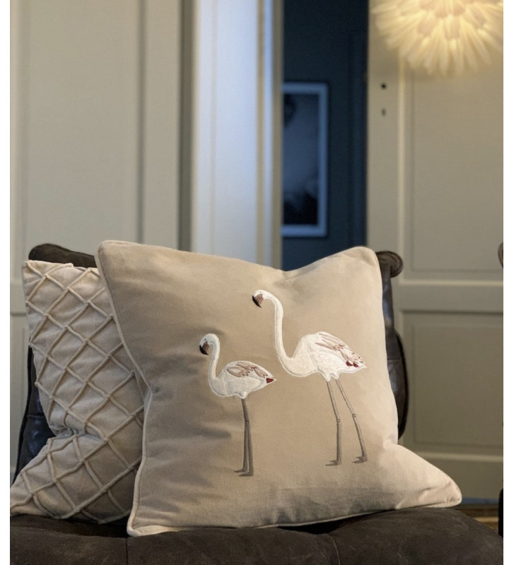 Fodera per cuscino Flamingo in velluto beige ricamato 50x50 cm