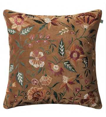 Velvet cushion cover Suri cognac with floral embroidery 50x50cm - Nardini Forniture