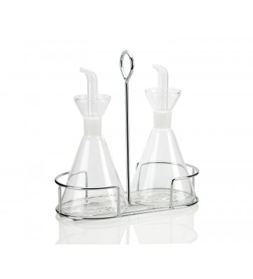 Glass oil and vinegar set with metal support