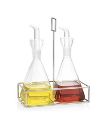 Square glass oil and vinegar set with metal support