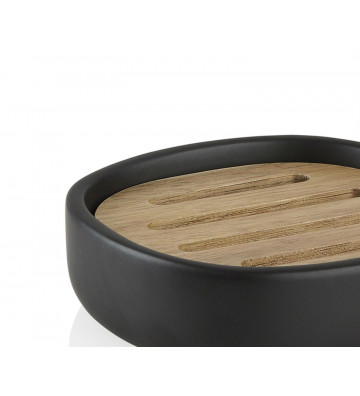 Soap dish in black ceramic and wood 13x13x4 cm
