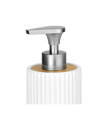White dispenser with embossed lines and bamboo