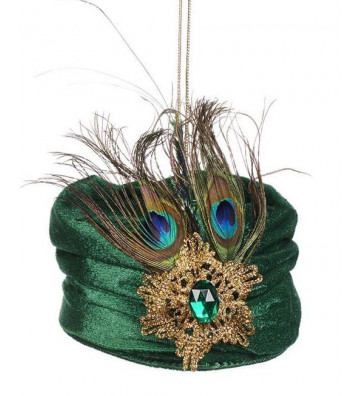 Christmas ball turban in green velvet with gold feathers 15cm