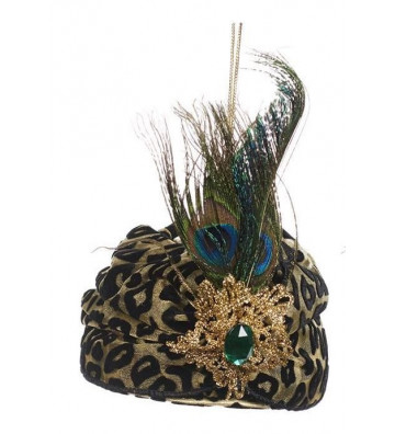 Christmas ball turban in velvet leopardate with gold feathers 15cm - Goodwill - Nardini Forniture