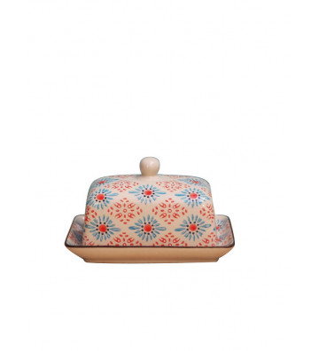 Butter dish with red and blue abstract flowers 12x18.5cm