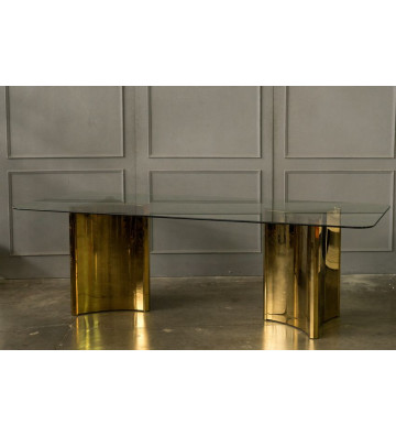 Glass dining table and brass triangular legs 240x95x76cm