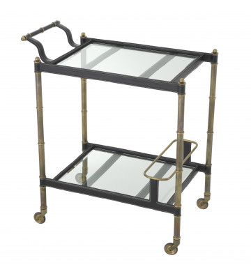 Princess Bar Trolley in brass, black leather and glass 74x44xH84cm