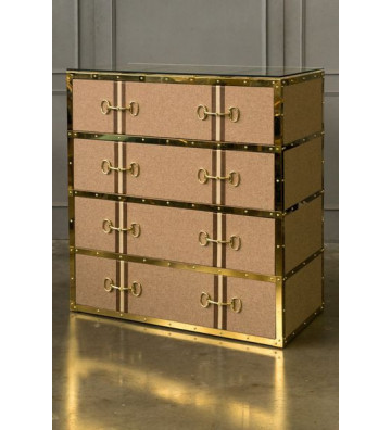 Drawer in beige fabric, brass and leather 104x110x55cm - Nardini Forniture