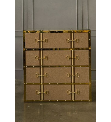 Drawer in beige fabric, brass and leather 104x110x55cm