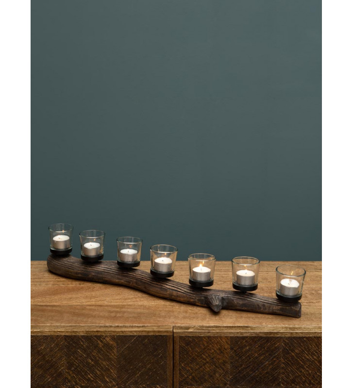 Candeliere in legno grezzo 7 tealight 12x62cm - Chehoma - Nardini Forniture