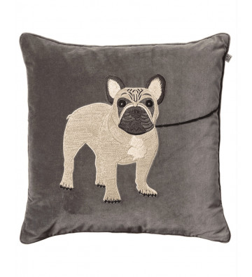 Grey square cushion with embroidery French Bulldog 50x50cm - French Nardini